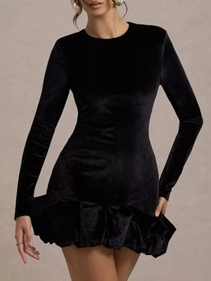 Velvet Ruched Hem Long Sleeve Dress - Makw Official Site