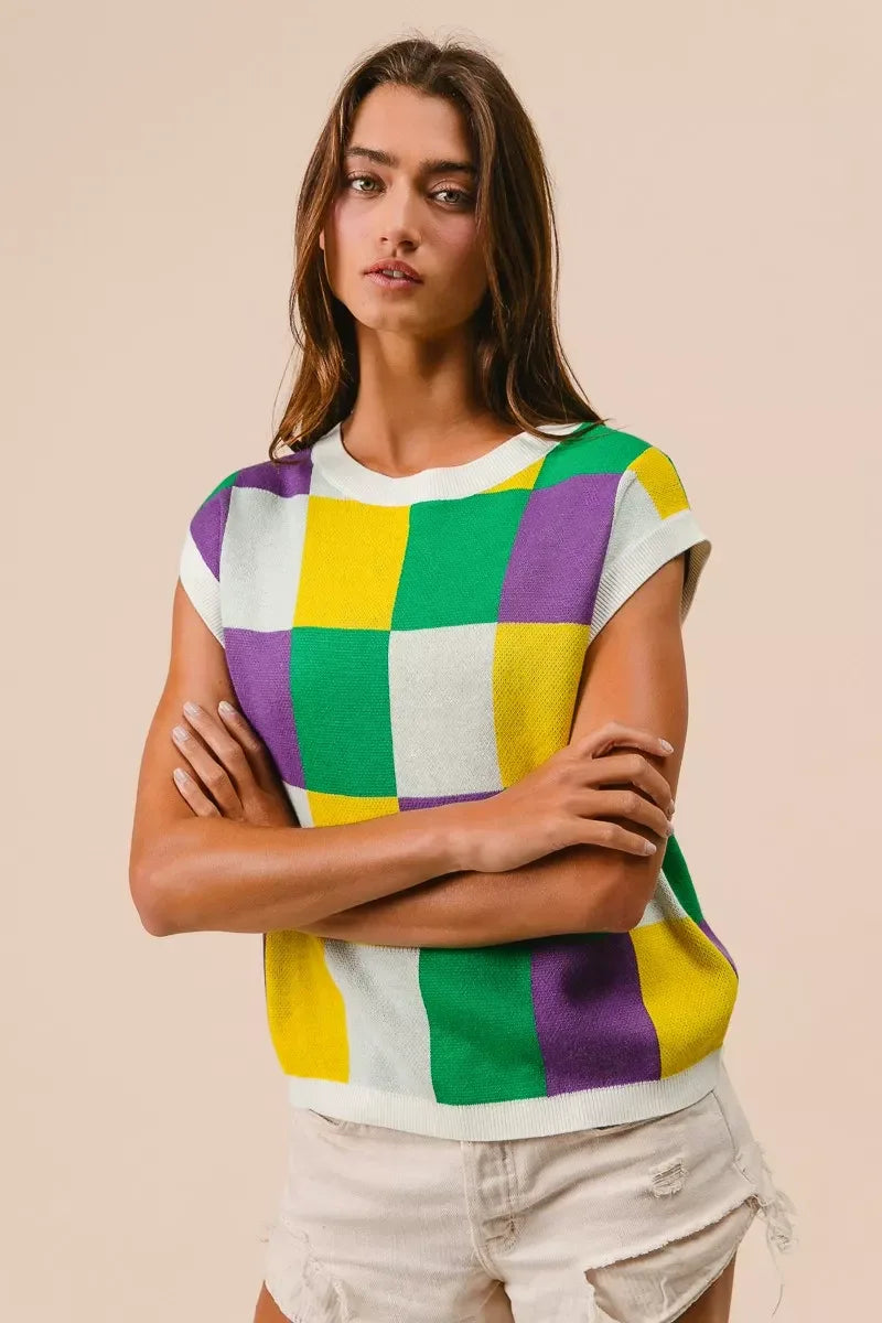 BiBi Mardi Gras Checker Pattern Sleeveless Sweater Top - Makw Official Site
