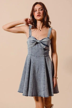 SO ME Mineral Washed Bow Ribbon Denim Flare Dress - Makw Official Site