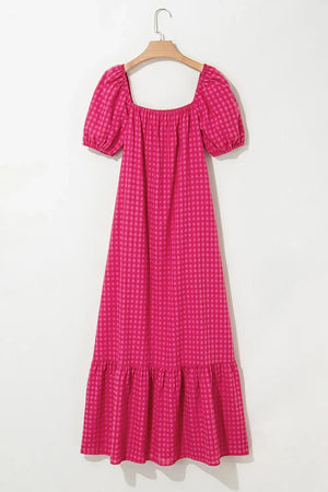 Gingham Check Bubble Sleeve Ruffled Maxi Dress - Makw Official Site
