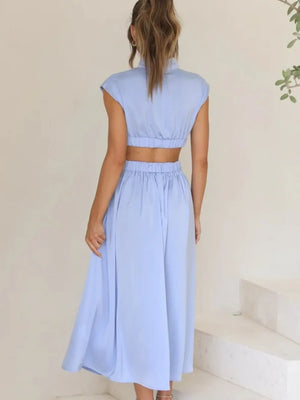 Cutout Mock Neck Sleeveless Ruched Dress - Makw Official Site