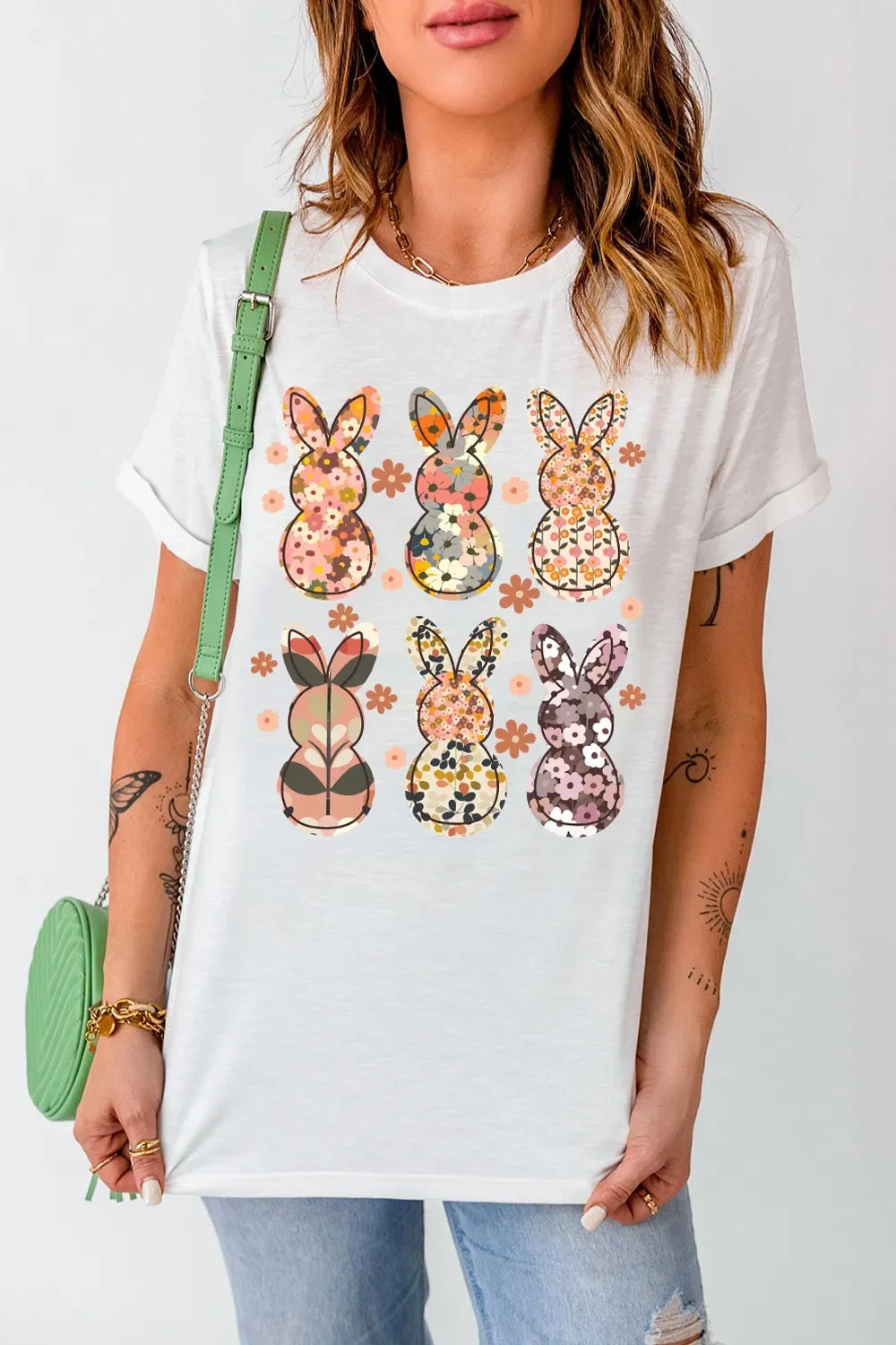 Floral Bunny Graphic Crewneck Short Sleeve T-Shirt - Makw Official Site
