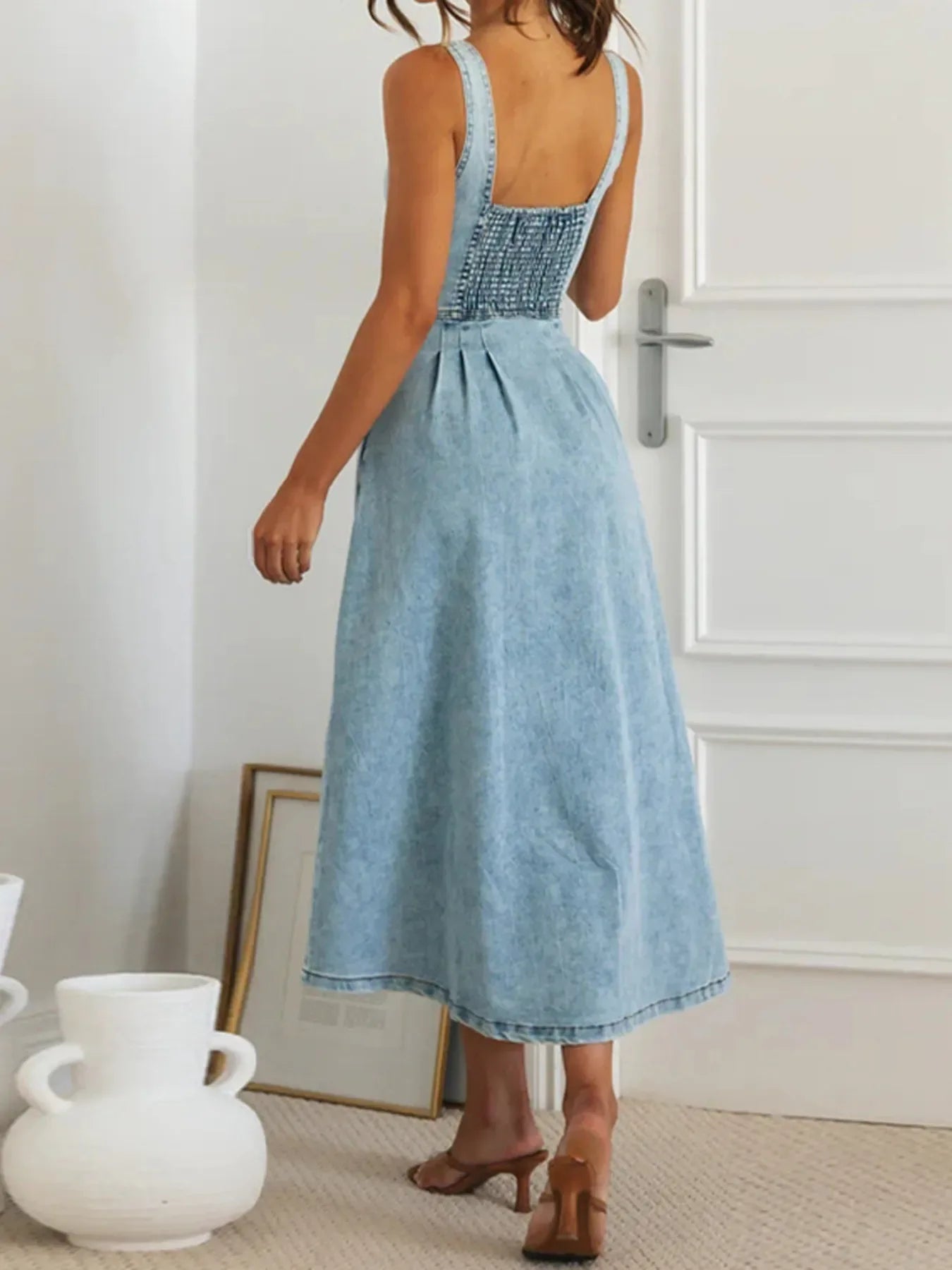 Sweetheart Neck Button-Front Midi Denim Dress - Makw Official Site