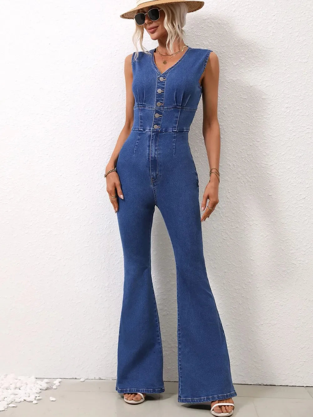 V-Neck Sleeveless Denim Jumpsuit - Makw Official Site