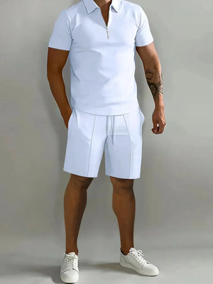 Men's Full Size Collared Neck Short Sleeve Top and Shorts Set Plus Size - Makw Official Site