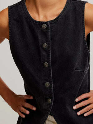 Button Down Round Neck Denim Vest - Makw Official Site