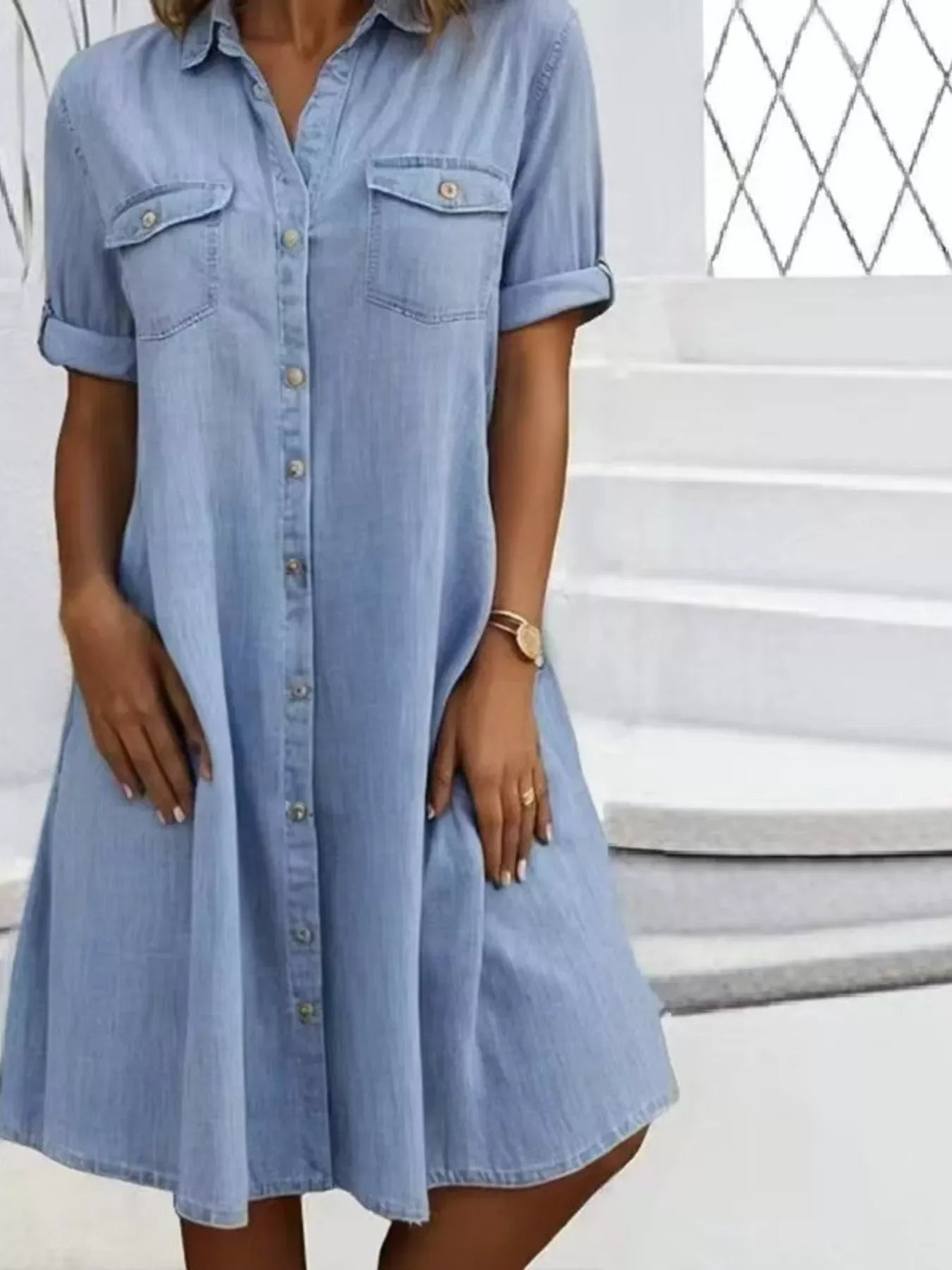Full Size Button-Front Short Sleeve Denim Dress Plus Size - Makw Official Site