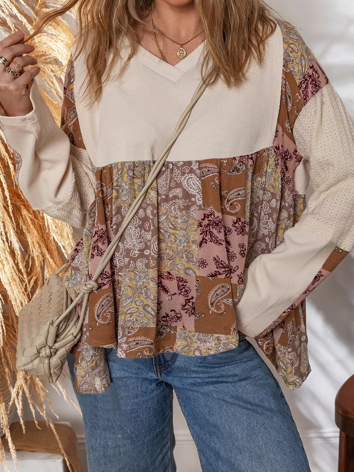 Paisley Ethnic Print Contrast Patchwork Long Sleeve Loose Top - Makw Official Site
