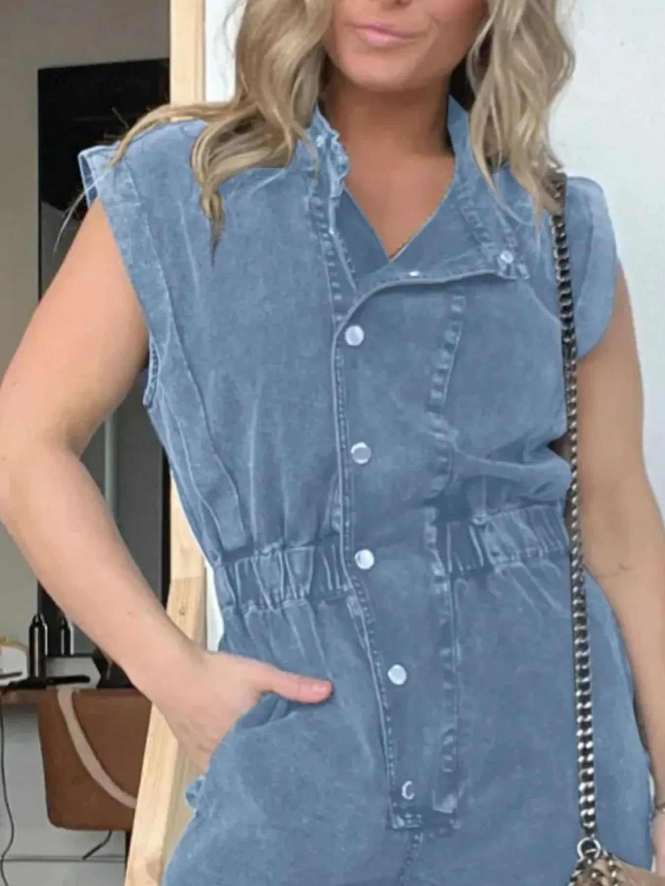 Full Size Button Front Cap Sleeve Denim Jumpsuit Plus Size - Makw Official Site