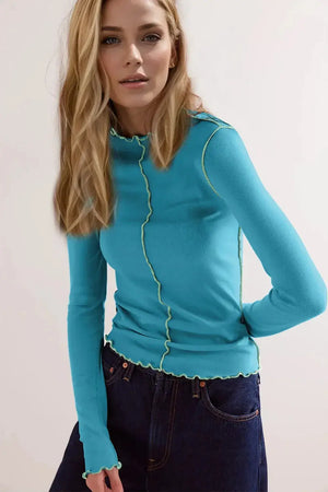 Basic Bae Contrast Trim Mock Neck Long Sleeve T-Shirt - Makw Official Site