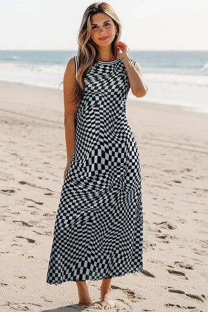 Checkered Round Neck Sleeveless Midi Dress - Makw Official Site