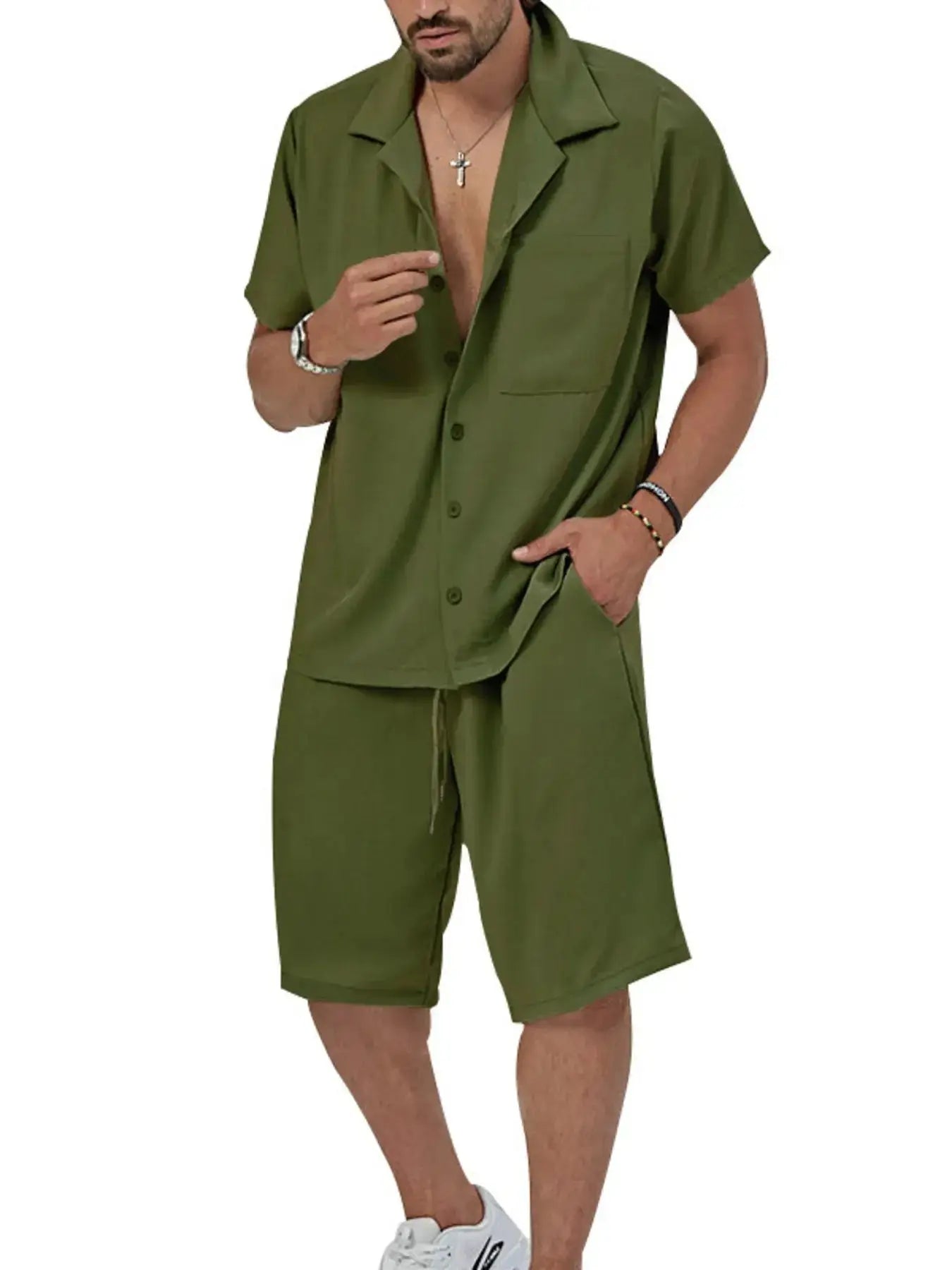 Men's Plus Size Button Up Short Sleeve Shirt and Shorts Set - Makw Official Site
