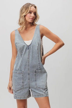 BiBi Patch Vintage Washed Denim Shortall - Makw Official Site