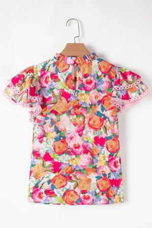 Lace Trim Ruffle Cap Sleeve Floral Blouse - Makw Official Site