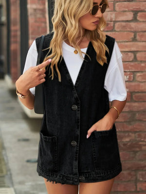 Full Size V-Neck Button Up Denim Vest - Makw Official Site