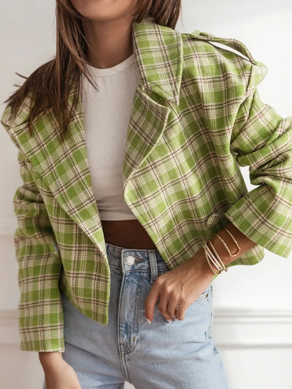 Lapel Collar Plaid Cropped Jacket - Makw Official Site