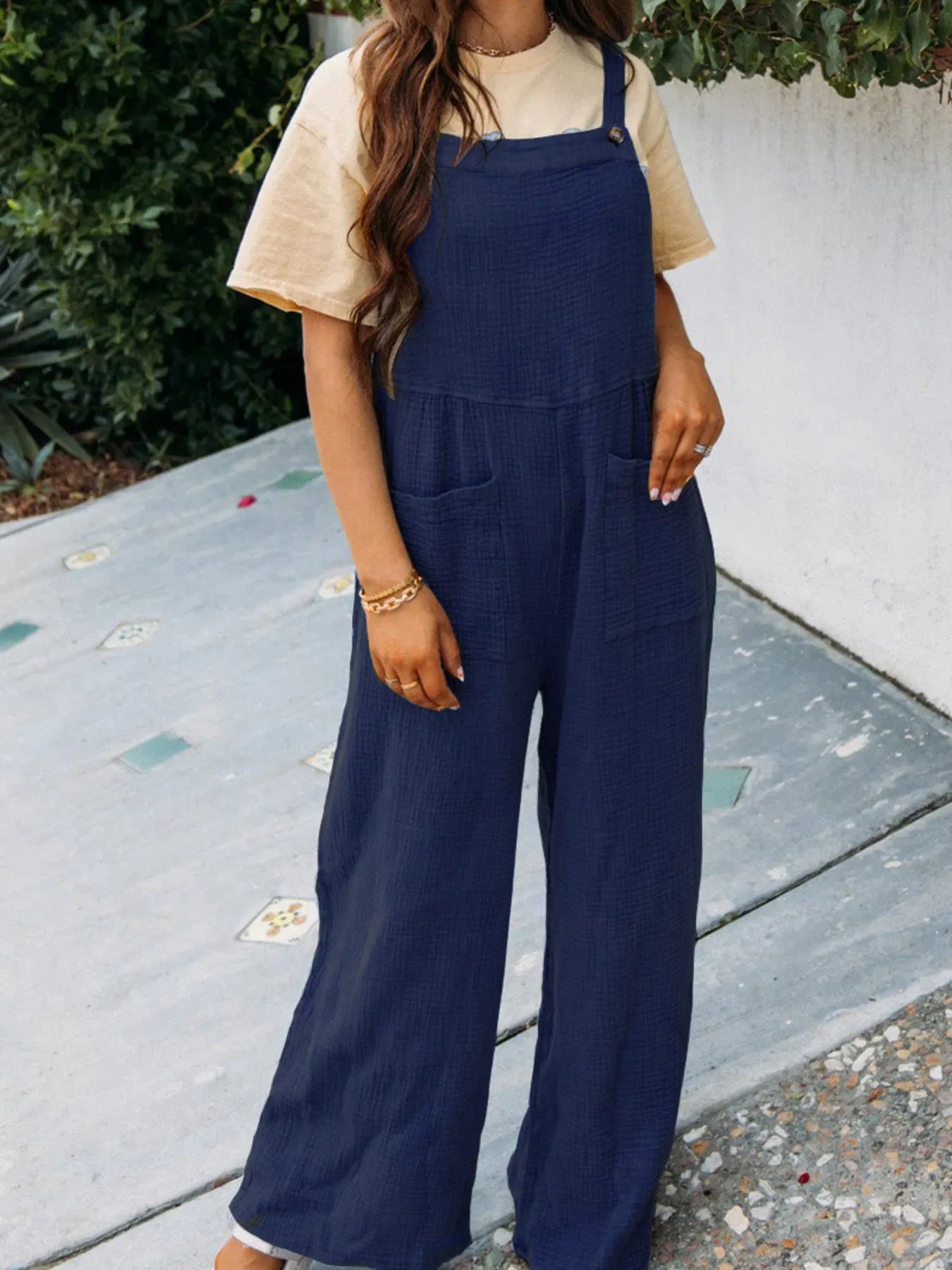 Full Size Casual Wide Leg Textured Overalls Plus Size - Makw Official Site