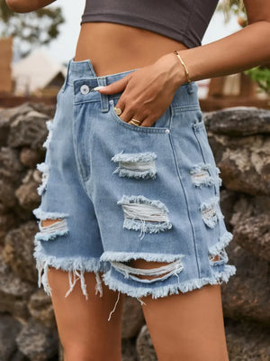Distressed Raw Hem Denim Shorts - Makw Official Site