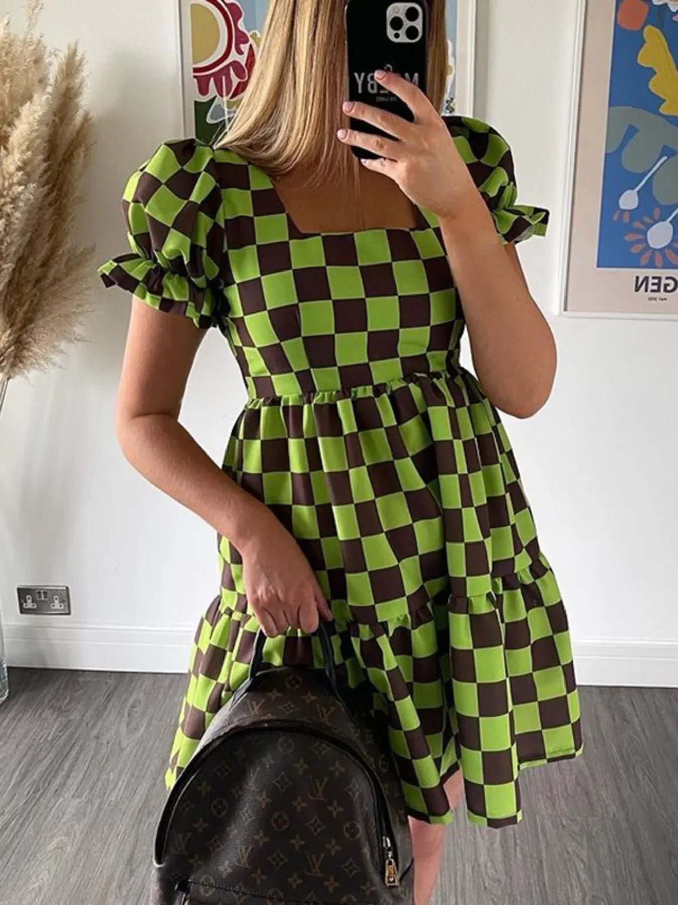 Checkered Short Sleeve Tiered Mini Dress - Makw Official Site