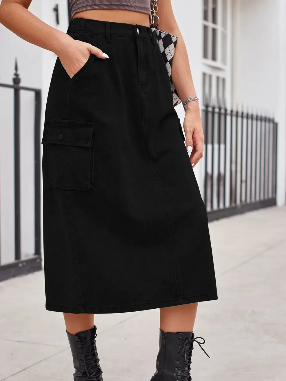 Slit Buttoned Denim Skirt with Pockets - Makw Official Site