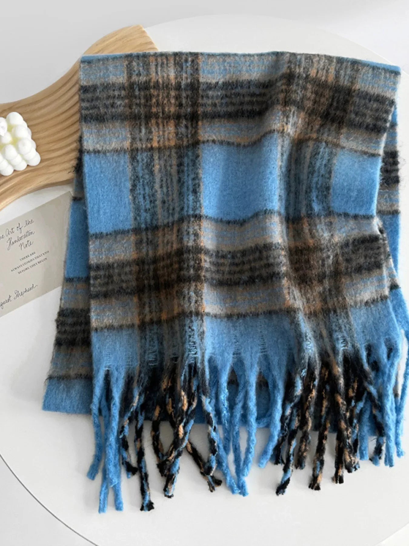 Fuzzy Plaid Fringe Scarf - Makw Official Site