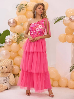 Embroidered Layered Single Shoulder Midi Dress - Makw Official Site