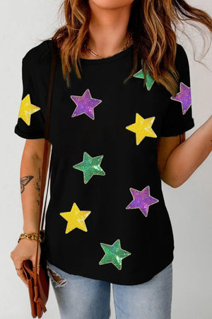 Sequin Stars Patched Round Neck T-Shirt - Makw Official Site