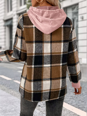 Plaid Drawstring Long Sleeve Hoodie - Makw Official Site