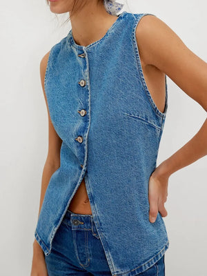 Button Down Round Neck Denim Vest - Makw Official Site