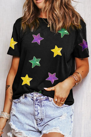 Sequin Stars Patched Round Neck T-Shirt - Makw Official Site