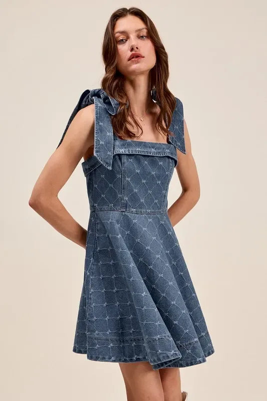 SO ME A Line Fit and Flare Diamond Bow Ribbon Denim Dres - Makw Official Site