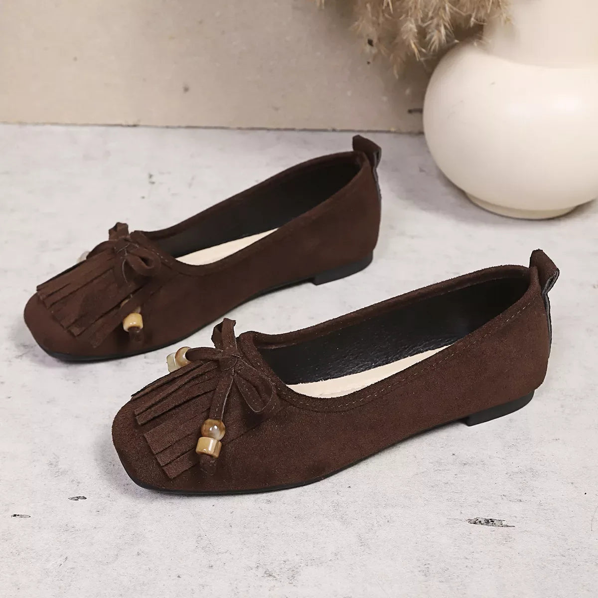Suede Fringe Slip-Ons - Makw Official Site