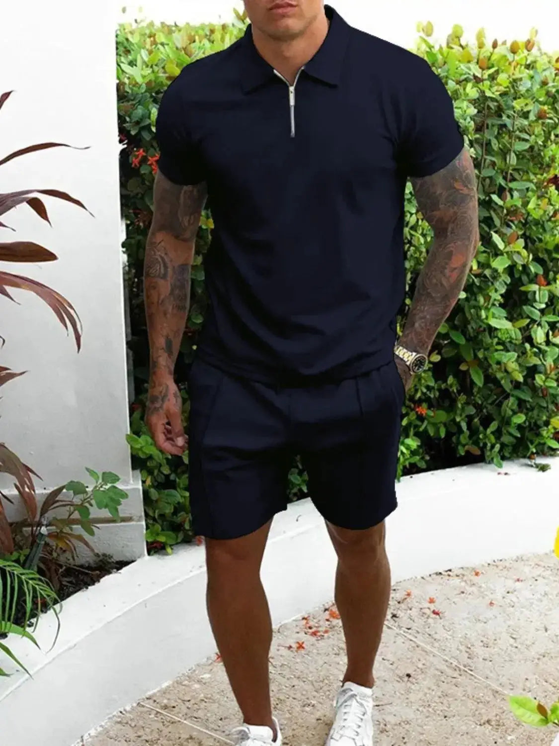 Men's Full Size Collared Neck Short Sleeve Top and Shorts Set Plus Size - Makw Official Site