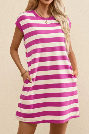 Stripe Cap Sleeve Pocketed Shift Tee Dress - Makw Official Site
