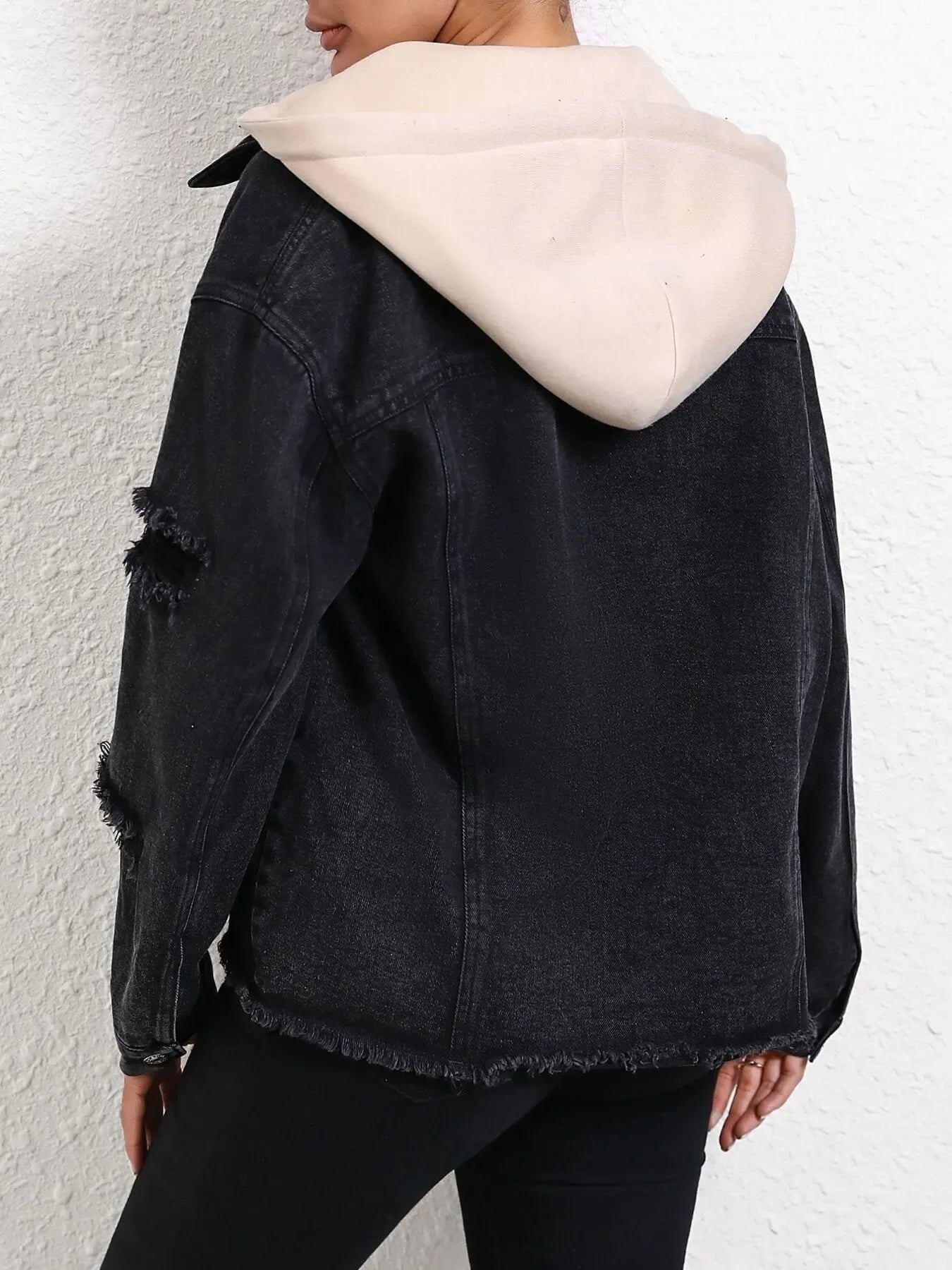 Distressed Drawstring Button Up Hooded Denim Jacket - Makw Official Site