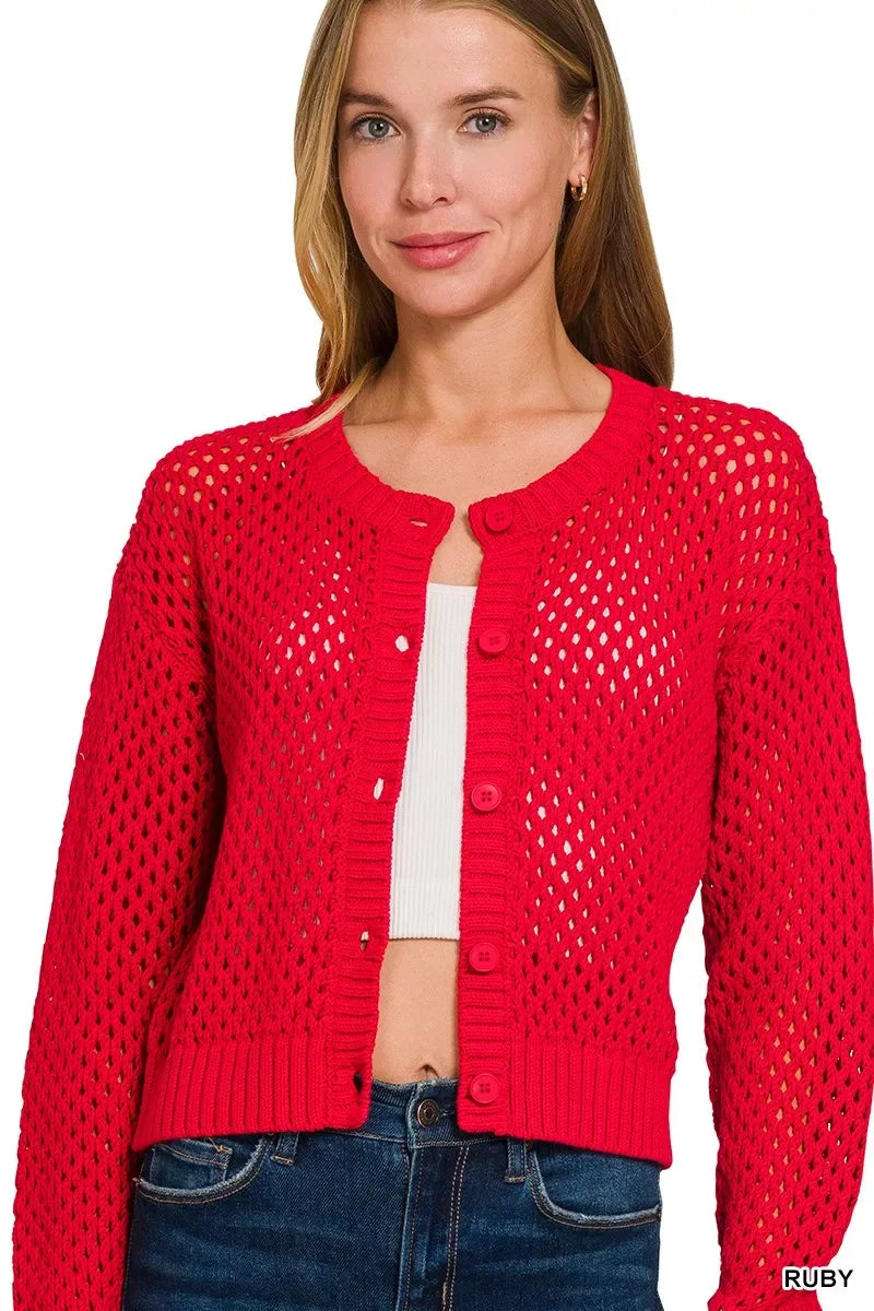 Zenana Button Down Lightweight Crochet Cardigan Sweater - Makw Official Site