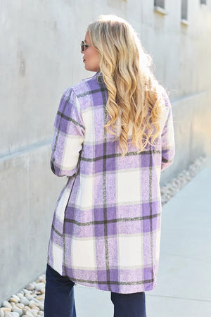Double Take Full Size Plaid Button Up Lapel Collar Coat - Makw Official Site