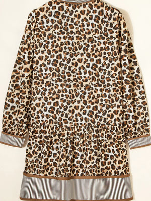Leopard Print Striped Patchwork 3/4 Sleeve Loose Mini Dress - Makw Official Site