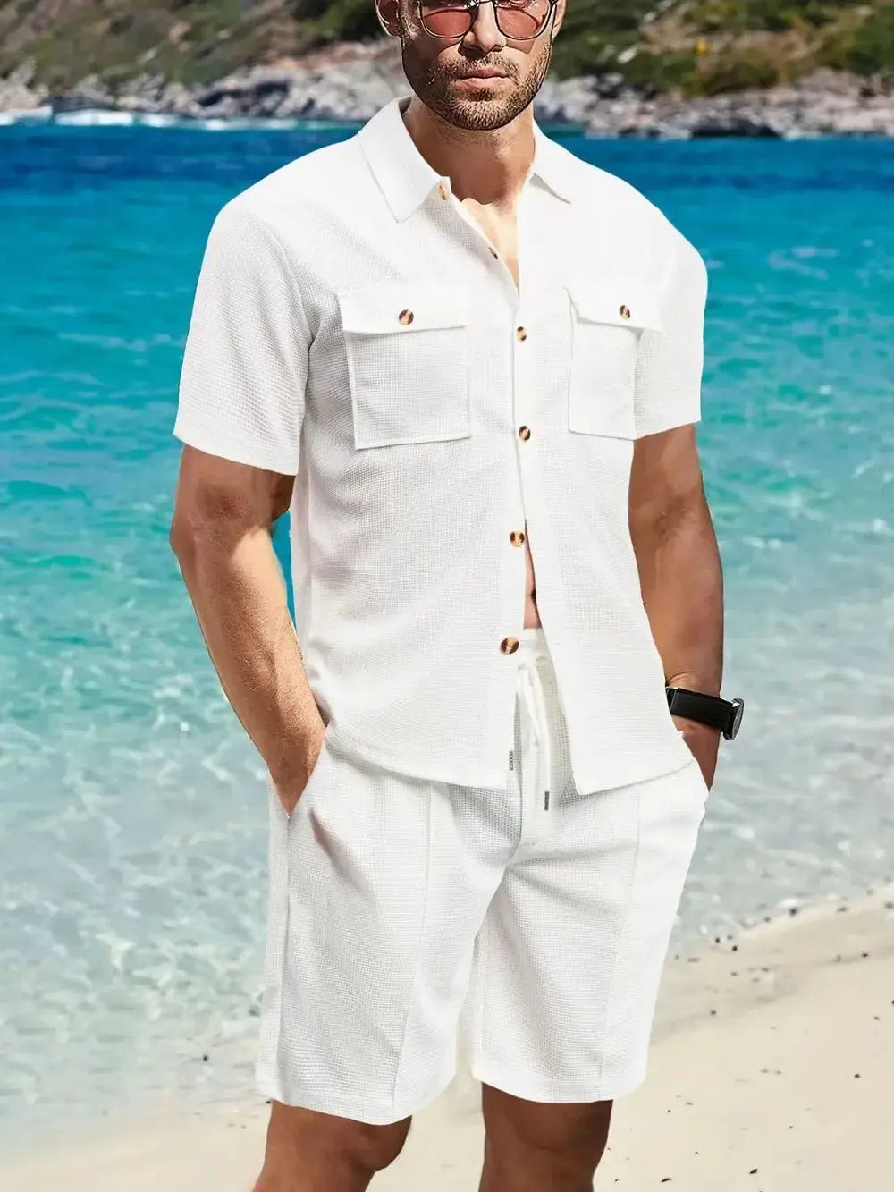 Men's Full Size Button Down Short Sleeve Top and Shorts Set Plus Size - Makw Official Site