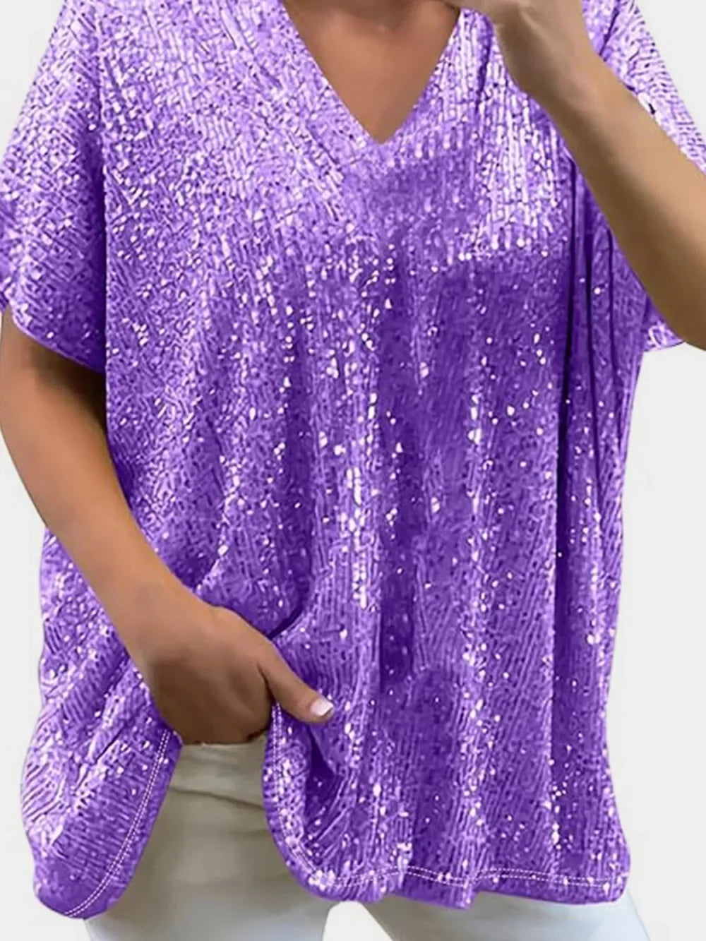 Full Size Sequin V-Neck Short Sleeve Top - Makw Official Site