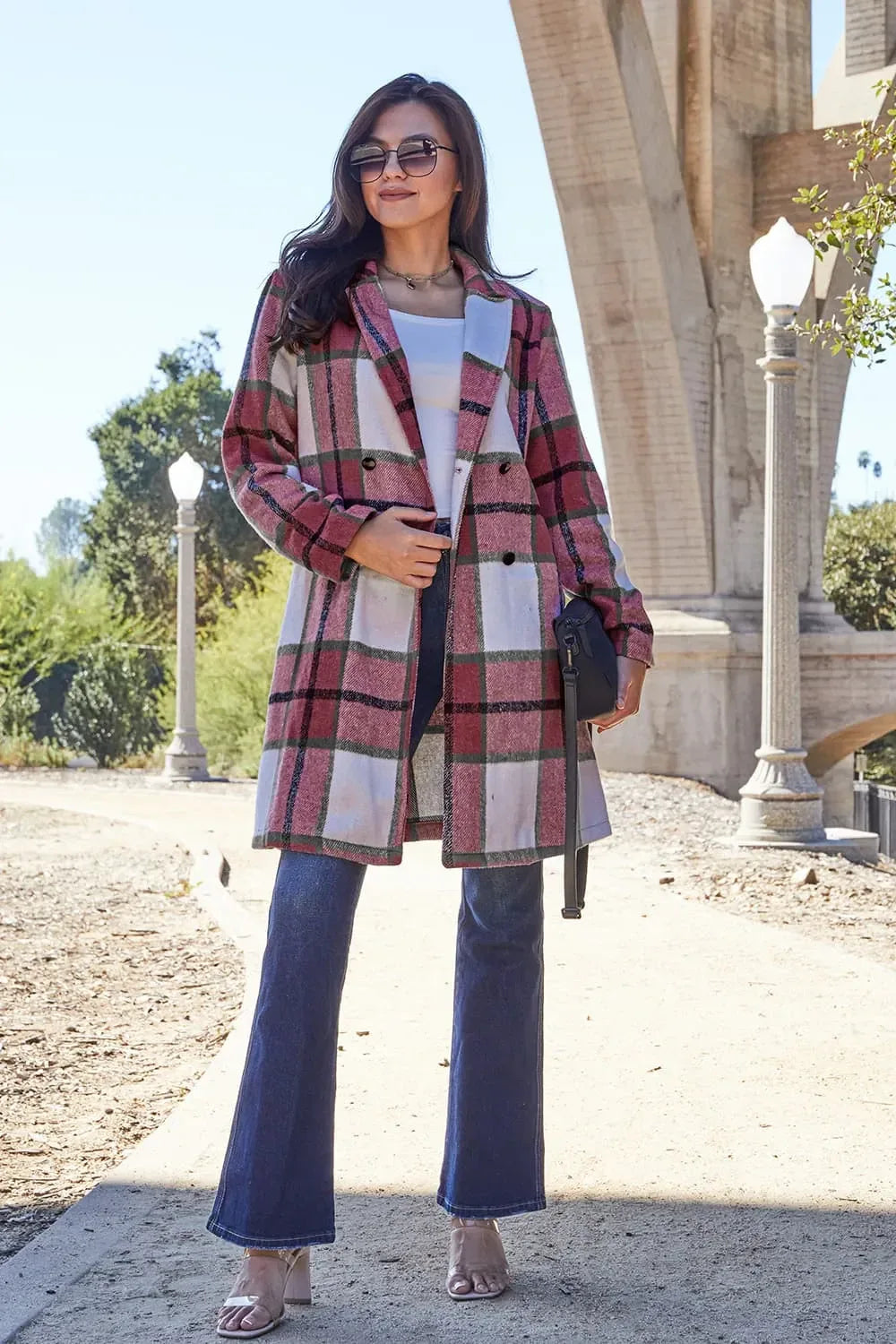 Double Take Full Size Plaid Button Up Lapel Collar Coat - Makw Official Site