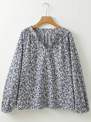 Floral Print Notched Long Sleeve Blouse - Makw Official Site