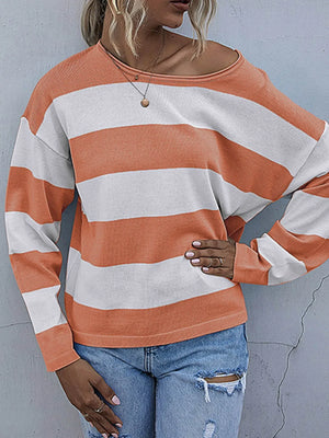 Striped Casual Long Sleeve Knit Top - Makw Official Site