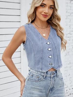 V-Neck Button Down Denim Vest - Makw Official Site