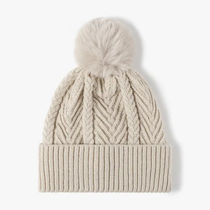 Cable Knit Solid Color Hat with Pompom - Makw Official Site