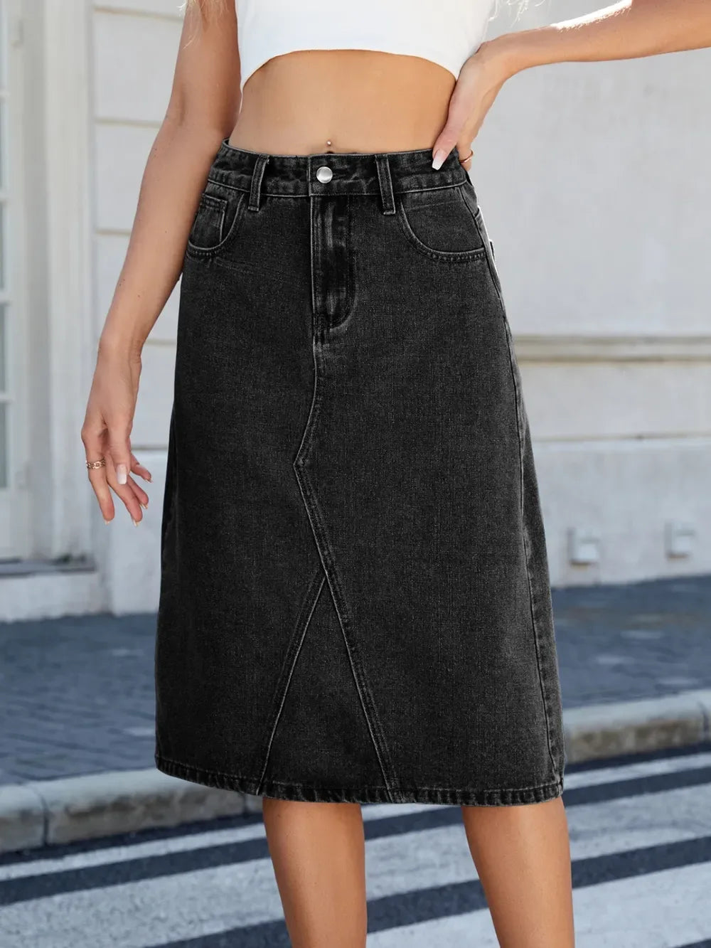 Slit Back Midi Denim Skirt - Makw Official Site