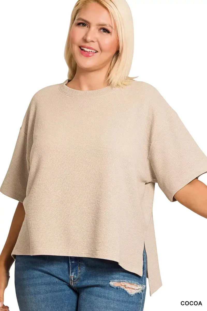 Zenana Full Size Double Knit Side Slits Hi Low Short Sleeve Top Plus Size - Makw Official Site