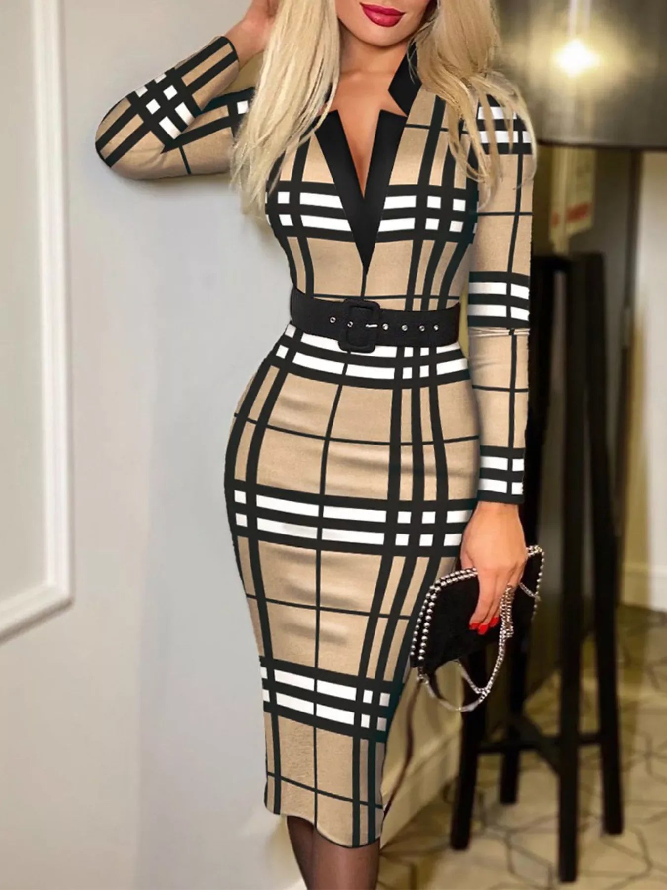 Full Size Notched Long Sleeve Dress Plus Size - Makw Official Site