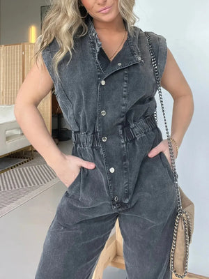 Full Size Button Front Cap Sleeve Denim Jumpsuit Plus Size - Makw Official Site