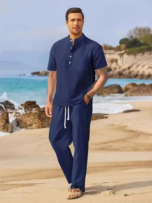 Men's Full Size Half Button Top and Drawstring Pants Set Plus Size - Makw Official Site